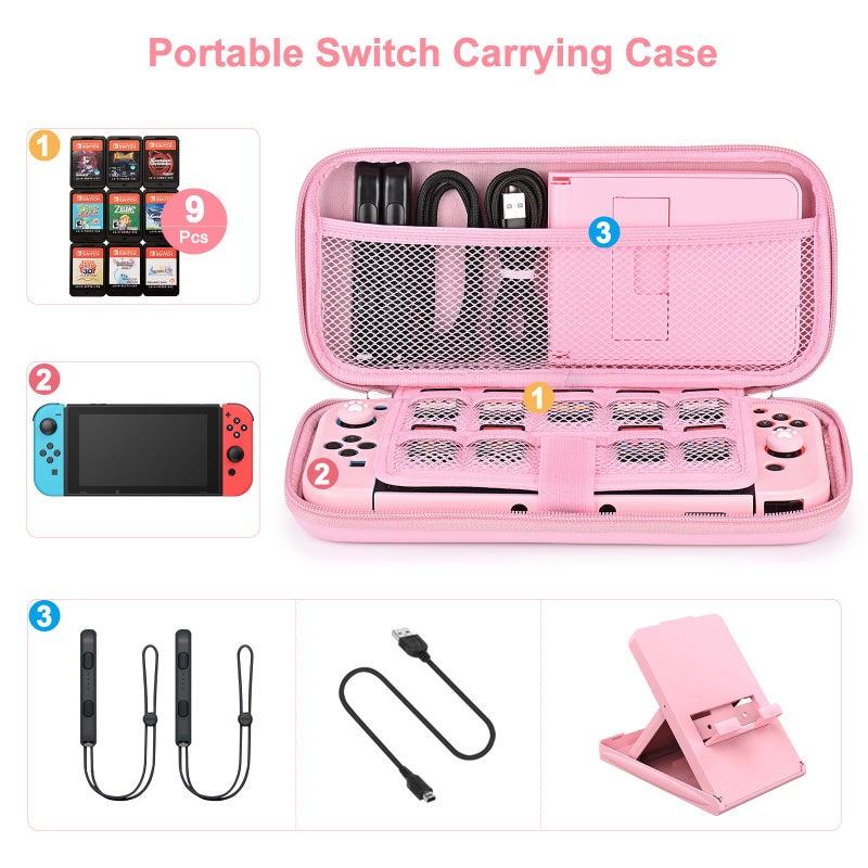 Younik Switch Accessories Bundle, 17 in 1 Pink Switch Accessories Kit for Girls Include Switch Carrying Case, Adjustable Stand, Protective Case for Switch Console & J-Con Pink - Image 2
