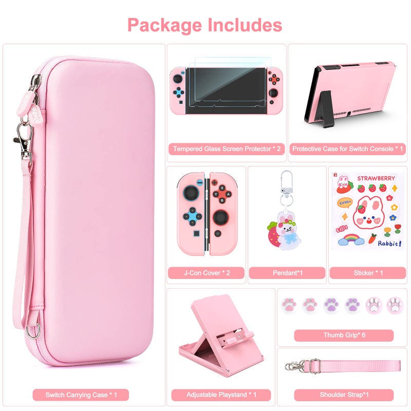 Younik Switch Accessories Bundle, 17 in 1 Pink Switch Accessories Kit for Girls Include Switch Carrying Case, Adjustable Stand, Protective Case for Switch Console & J-Con Pink - Image 4