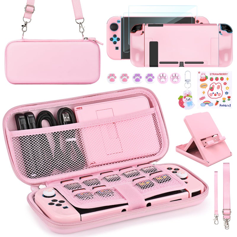 Younik Switch Accessories Bundle, 17 in 1 Pink Switch Accessories Kit for Girls Include Switch Carrying Case, Adjustable Stand, Protective Case for Switch Console & J-Con Pink - Image 1