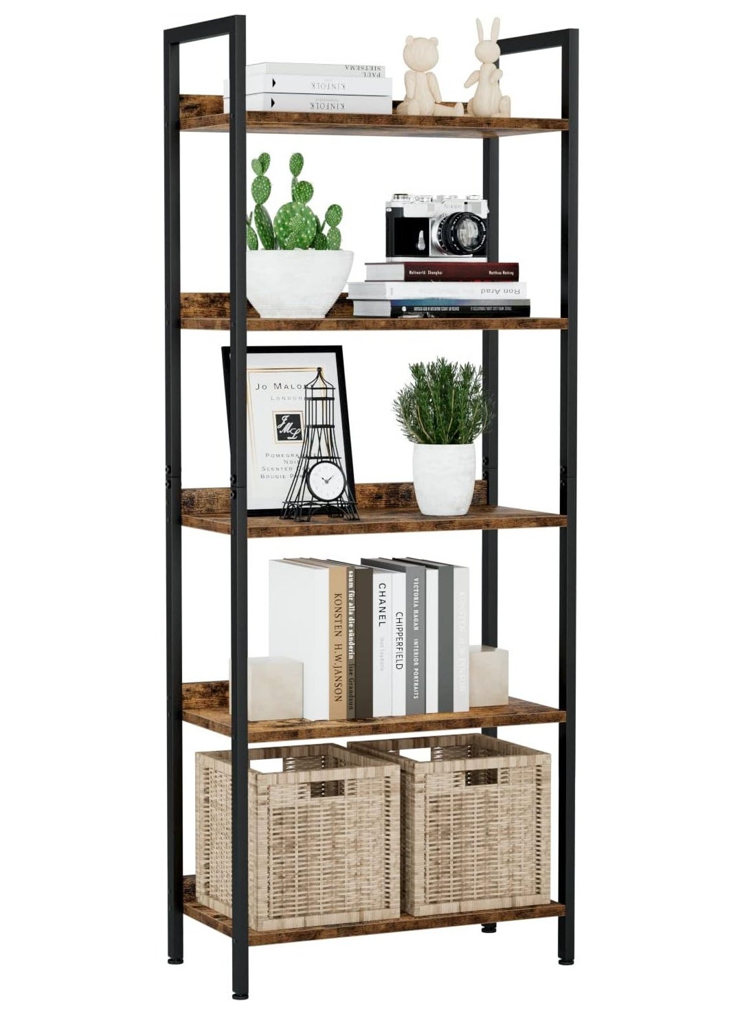 Bookshelf, 5 Tier Bookshelves, Home Office Bookcase Shelf Storage Organizer, Free Standing Storage Shelving Unit for Bedroom, Metal Frame Display Rack for Living Room office cart storage rack 