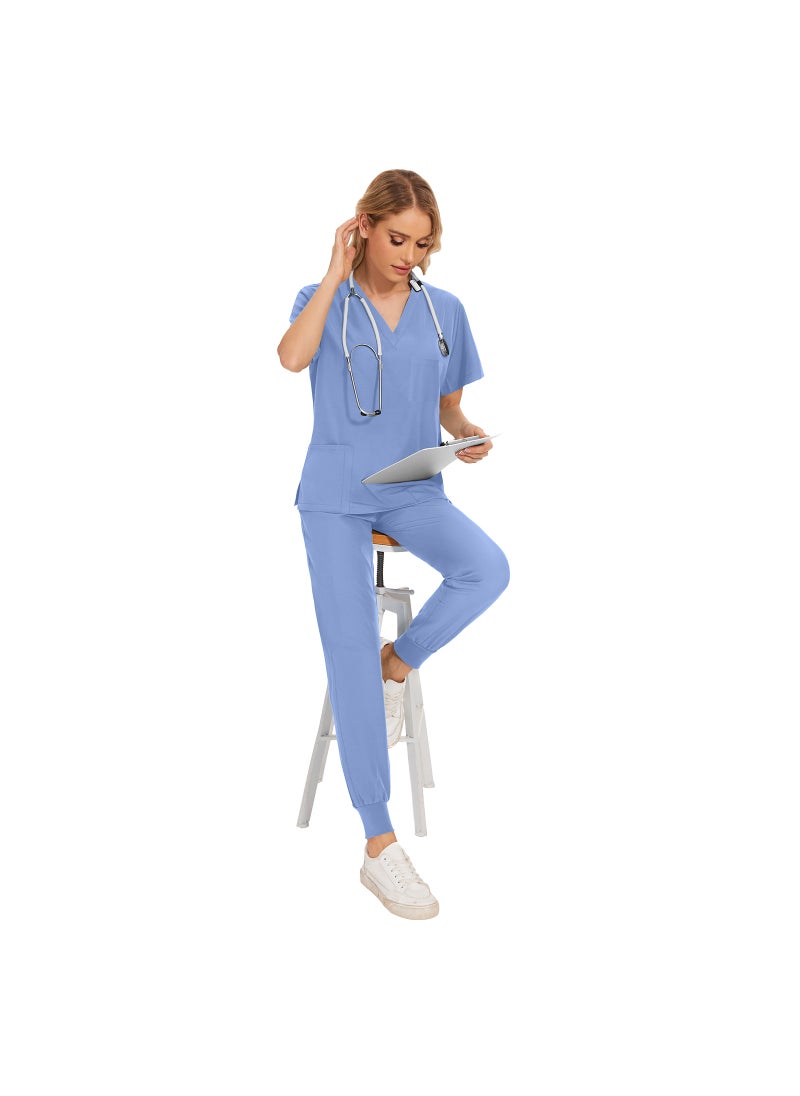 Generic New Summer Casual Womens Medical Scrubs Set 42109-light blue 