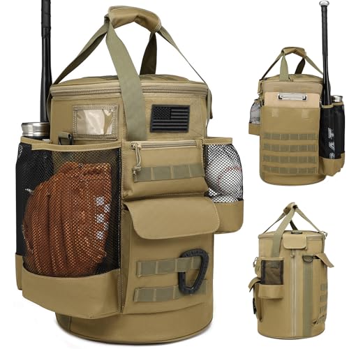 SunForMorning Baseball Bucket Bag Baseball Coaching Accessories Organizer Tactical Style Softball Bucket Bag with Anti-Slip Bottom, Multiple Pockets for Bat, Gloves, Scoreboards, Brown - Image 1