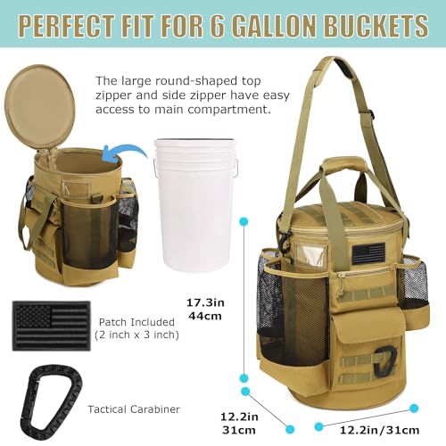 SunForMorning Baseball Bucket Bag Baseball Coaching Accessories Organizer Tactical Style Softball Bucket Bag with Anti-Slip Bottom, Multiple Pockets for Bat, Gloves, Scoreboards, Brown - Image 2