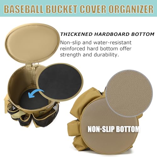 SunForMorning Baseball Bucket Bag Baseball Coaching Accessories Organizer Tactical Style Softball Bucket Bag with Anti-Slip Bottom, Multiple Pockets for Bat, Gloves, Scoreboards, Brown - Image 5