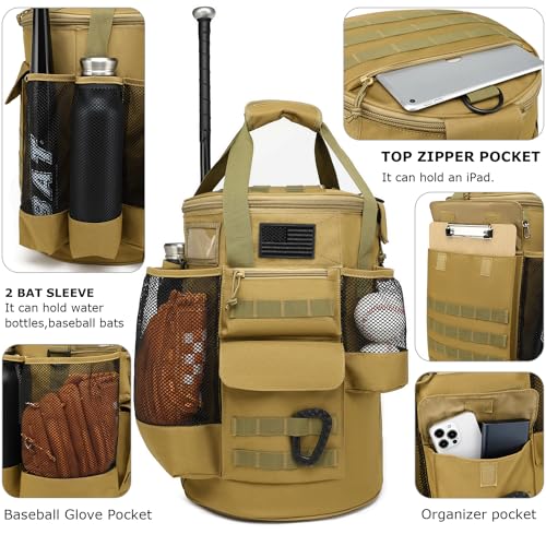 SunForMorning Baseball Bucket Bag Baseball Coaching Accessories Organizer Tactical Style Softball Bucket Bag with Anti-Slip Bottom, Multiple Pockets for Bat, Gloves, Scoreboards, Brown - Image 3