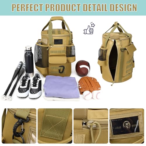 SunForMorning Baseball Bucket Bag Baseball Coaching Accessories Organizer Tactical Style Softball Bucket Bag with Anti-Slip Bottom, Multiple Pockets for Bat, Gloves, Scoreboards, Brown - Image 4