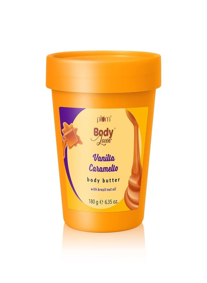 بلوم زبدة الجسم برائحة الفانيليا والكراميل من بلوم بودي لوفين | زبدة الشيا وزيت الجوز البرازيلي لترطيب عميق | غير دهني وخفيف الوزن | بشرة ناعمة كالحرير، ملساء ومرطبة | للبشرة الجافة إلى شديدة الجفاف | فانيليا وكراميل مملح | 180 غرام - Image 1