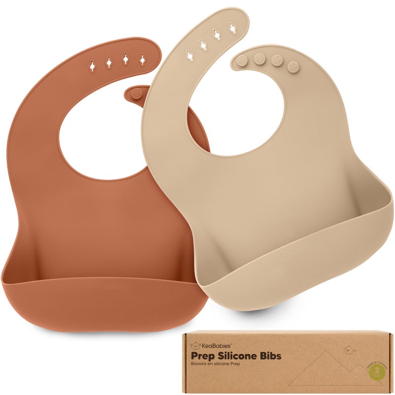 KeaBabies 2-Pack Silicone Baby Bibs for Eating - Sturdy Food-Grade Silicone Bibs for Babies Girl, Boy, Large Food Catcher, Clean & Put On Easily, Waterproof Toddler Feeding Essentials (Terracotta) - Image 1
