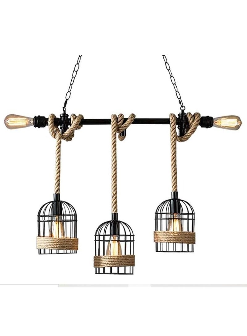 Rustic Industrial Rope Pendant Light Fixture – 3-Cage Hanging Chandelier with Vintage Edison Bulbs, Retro Farmhouse Ceiling Lamp for Dining Room, Kitchen Island, Bar & Living Room - Image 1