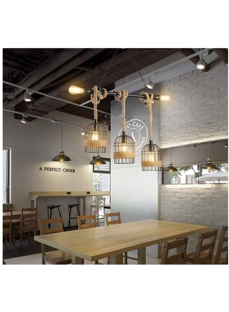 Rustic Industrial Rope Pendant Light Fixture – 3-Cage Hanging Chandelier with Vintage Edison Bulbs, Retro Farmhouse Ceiling Lamp for Dining Room, Kitchen Island, Bar & Living Room - Image 3