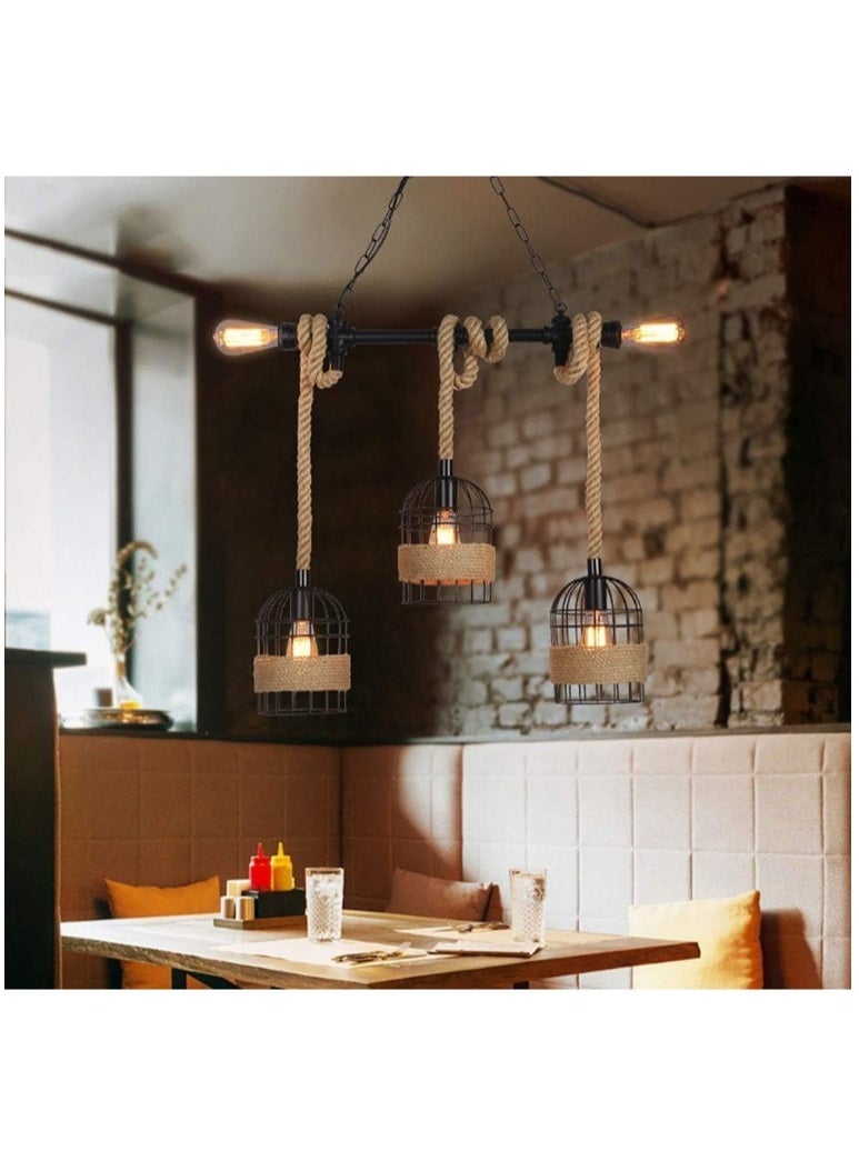 Rustic Industrial Rope Pendant Light Fixture – 3-Cage Hanging Chandelier with Vintage Edison Bulbs, Retro Farmhouse Ceiling Lamp for Dining Room, Kitchen Island, Bar & Living Room - Image 4