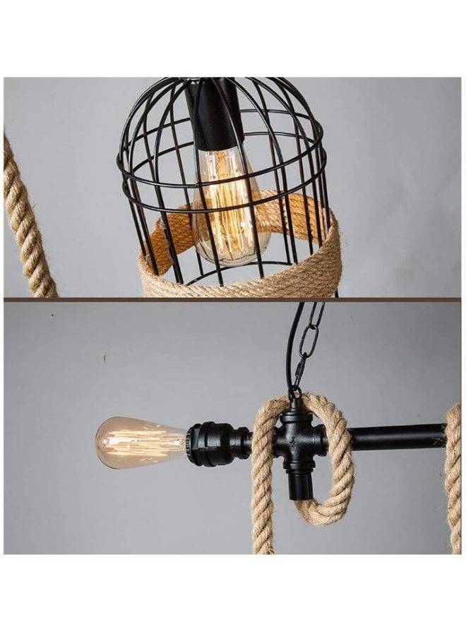 Rustic Industrial Rope Pendant Light Fixture – 3-Cage Hanging Chandelier with Vintage Edison Bulbs, Retro Farmhouse Ceiling Lamp for Dining Room, Kitchen Island, Bar & Living Room - Image 5