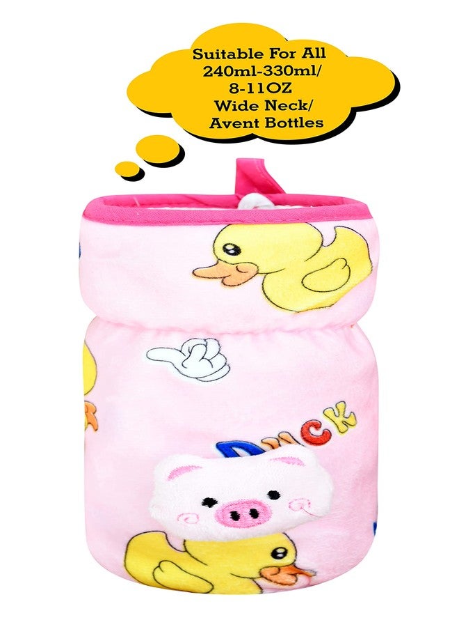 THE LITTLE LOOKERS for Philips Avent/Broad Neck Feeders Soft Plush Stretchable Baby Feeding Bottle Cover with Easy to Hold Strap | Suitable for 240, 260ml and 330ml | Overall Print (Pink)