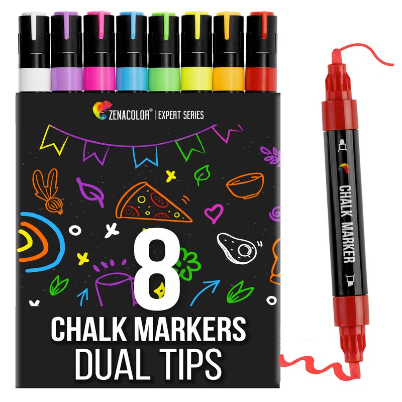 Zenacolor Liquid Chalk Markers Dual Tips 8 Vibrant Colors NonToxic QuickDrying Erasable for Blackboard Windows Glass Cars 24 Labels Included
