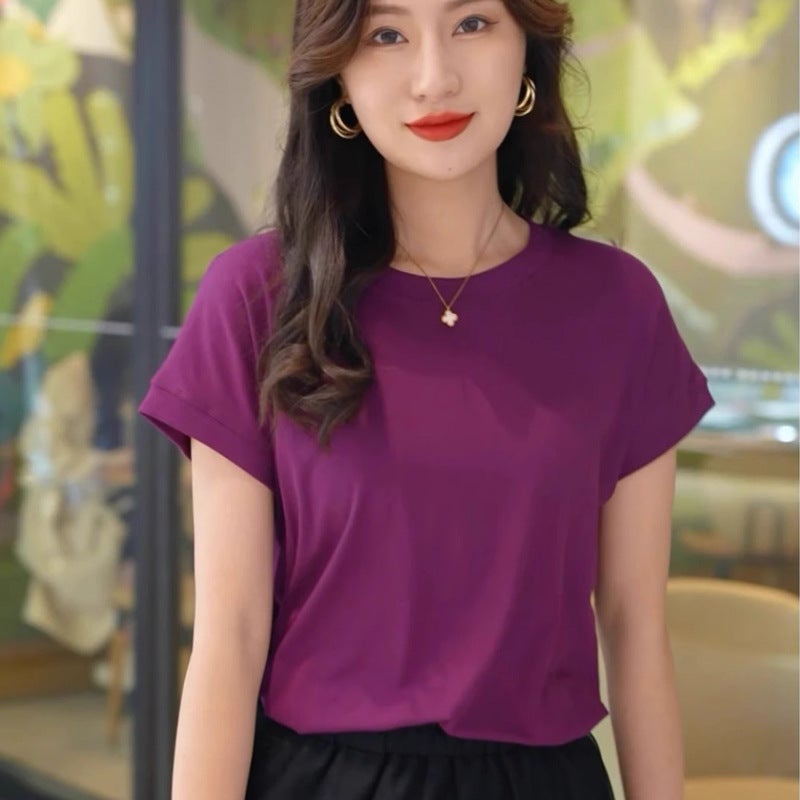 Tiktok batwing sleeve t-shirt women's round neck summer solid color simple small flying sleeve casual all-match loose short sleeve t-shirt women - Image 2