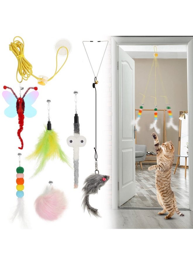 Charniol - 8 Pcs Doorway Cat Toys Indoor Feather Cat Toys Door Hanger Cat Toys Interactive Hanging Cat Toys Dragonfly Little Mouse Toys Retractable Cat Teaser Toys Kitten Toys for Play, 6 Styles (Cute Style) - Image 1