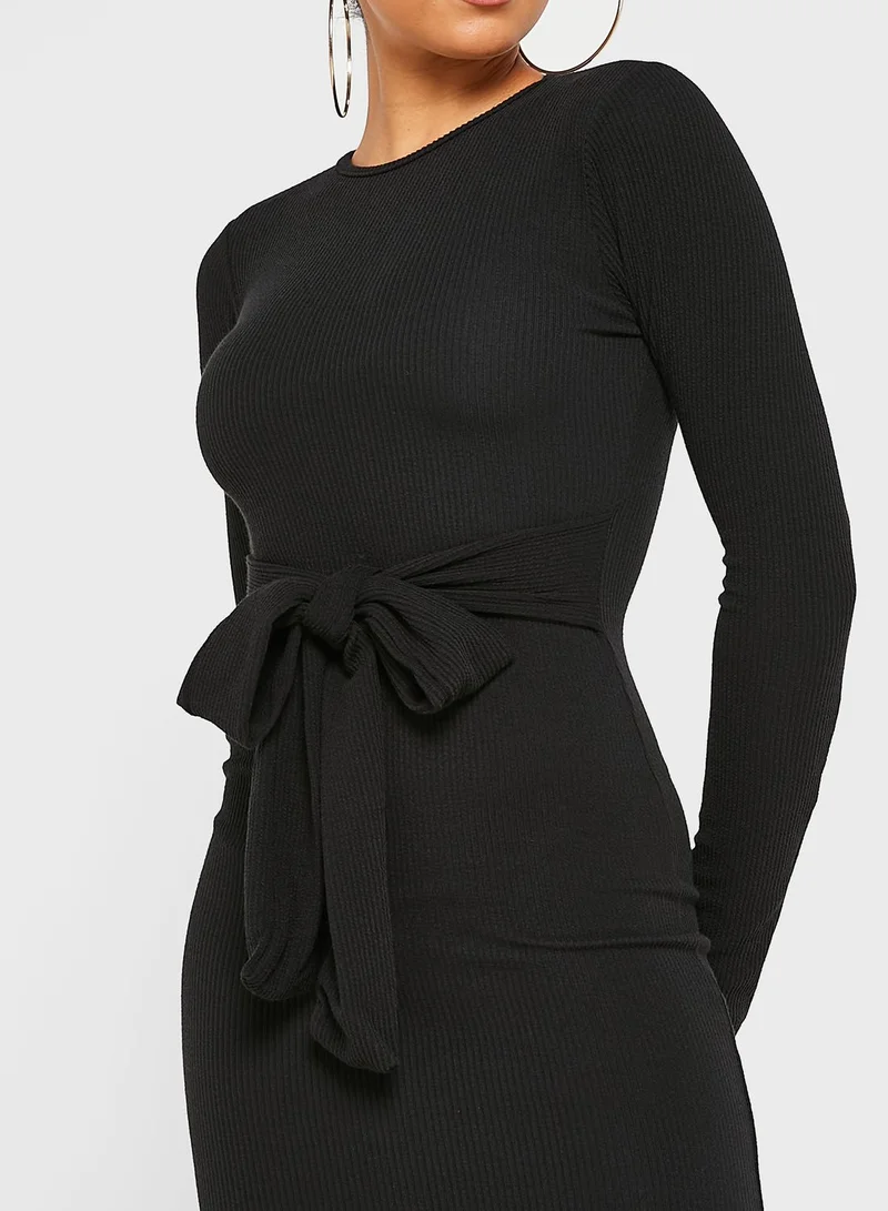 boohoo Ribbed Tie-Waist Dress