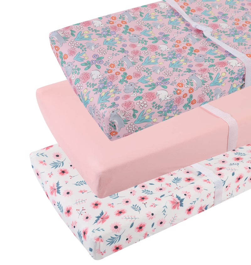 Tontukatu Changing Pad Cover Set 3 Pack Jersey Knit Ultra Soft for Baby Boys Girls Floral/Grey Rabbit/Pink - Image 1