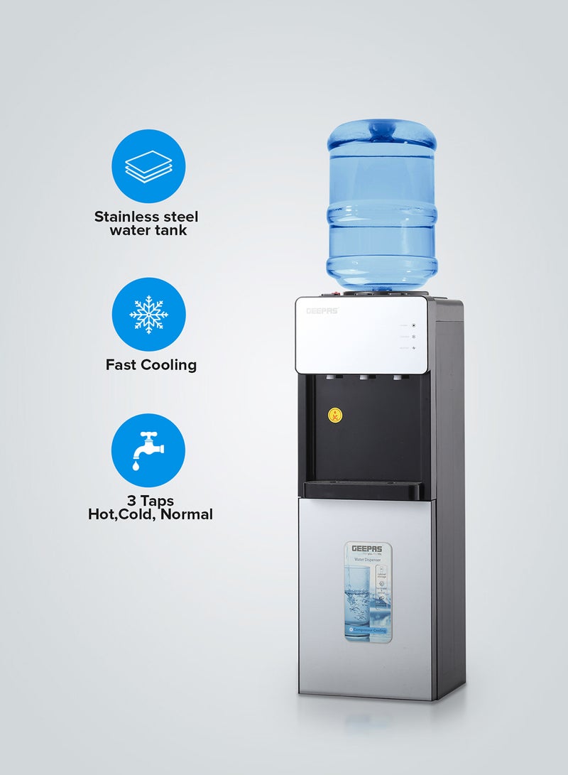 GEEPAS Top Loaded Water Dispenser with Cabinet | Normal, Hot and Cold Function, And 3 Taps| Cold Temperature: 4-12 Degrees Celsius; Hot Temperature: 85-95 Degrees Celsius| Perfect For Home And Office| 2 Year Warranty GWD17039 White - Image 1