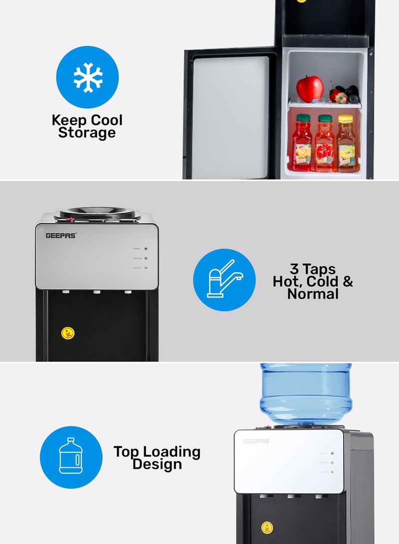 GEEPAS Top Loaded Water Dispenser with Cabinet | Normal, Hot and Cold Function, And 3 Taps| Cold Temperature: 4-12 Degrees Celsius; Hot Temperature: 85-95 Degrees Celsius| Perfect For Home And Office| 2 Year Warranty GWD17039 White - Image 5