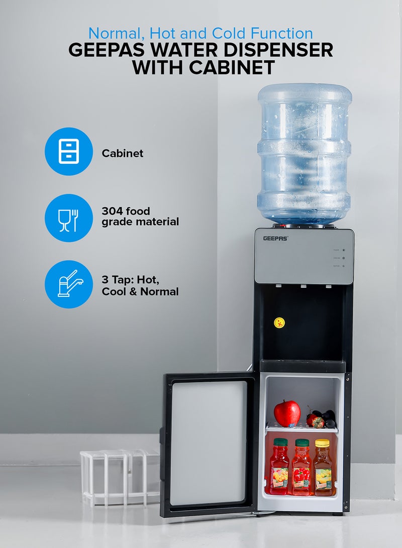 GEEPAS Top Loaded Water Dispenser with Cabinet | Normal, Hot and Cold Function, And 3 Taps| Cold Temperature: 4-12 Degrees Celsius; Hot Temperature: 85-95 Degrees Celsius| Perfect For Home And Office| 2 Year Warranty GWD17039 White - Image 2