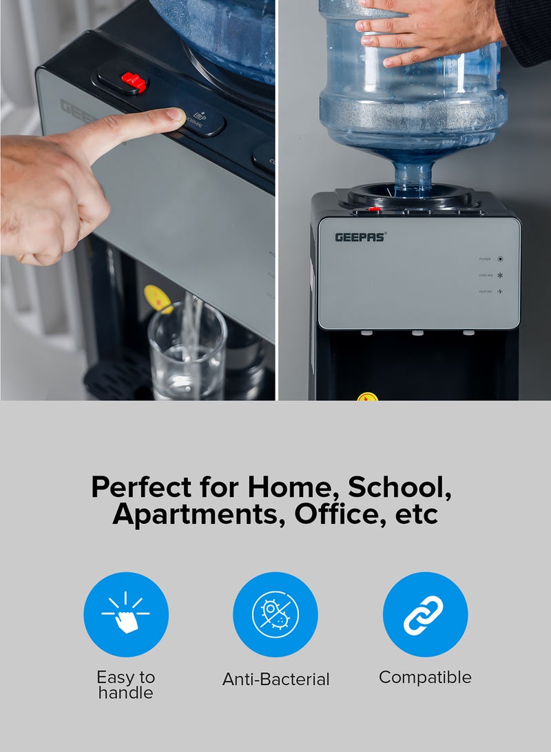 GEEPAS Top Loaded Water Dispenser with Cabinet | Normal, Hot and Cold Function, And 3 Taps| Cold Temperature: 4-12 Degrees Celsius; Hot Temperature: 85-95 Degrees Celsius| Perfect For Home And Office| 2 Year Warranty GWD17039 White - Image 3