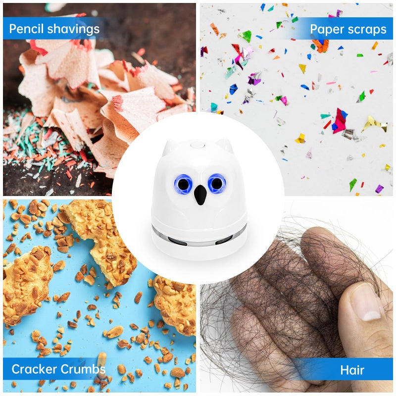 Hallocool Mini Crumb Vacuum Cleaner Owl Tabletop Crumb Sweeper Vacuum USB Recharging Craft Desk Vacuum Cleaner for Glitter Paper Scraps Eraser Crumbs Pencil Shavings Cookie Crumbs - Image 4