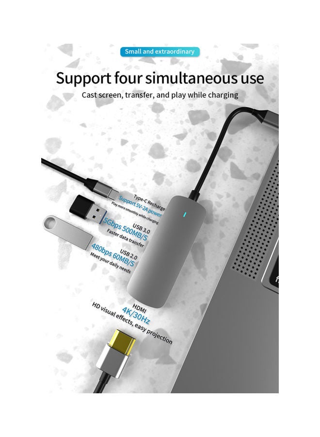 4 In 1 Port 3.0 Type-C USB-C HUB To 4K Video HDMI-compatible Adapter For Macbook Grey - Image 2