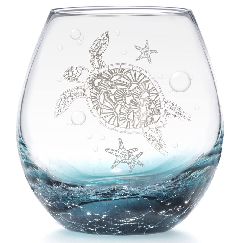 Sea Turtle Stemless Wine Glass 19 Oz Ideal Unique Ocean Coastal Beach Gifts for Sea Turtle Lovers Birthday Mothers Day Gifts for Party Women Man Mom Friends Coworker Crackle Teal