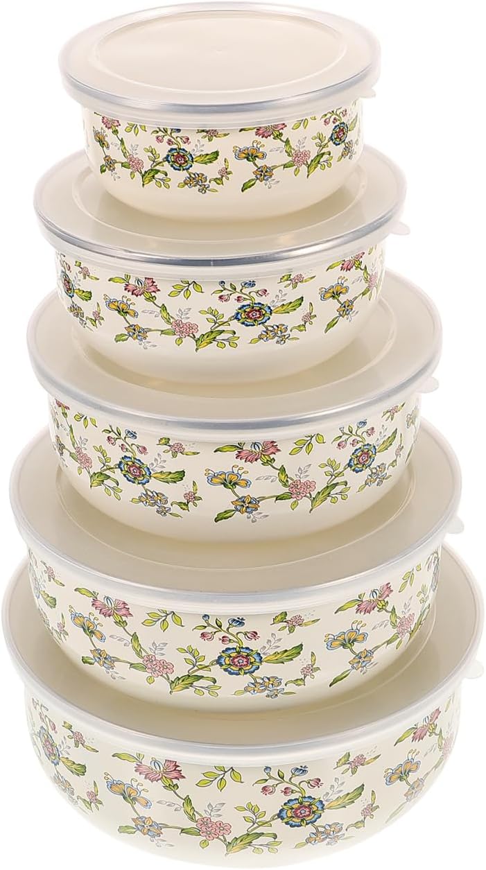 BESTonZON Enamel Bowls with Lids Mixing Bowls 5pcs Vintage Soup Bowls Retro Enamel Basin for Fruit Salad Pasta Dinner Kitchen 5 Size - Image 1