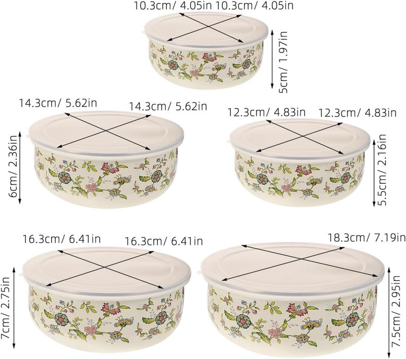 BESTonZON Enamel Bowls with Lids Mixing Bowls 5pcs Vintage Soup Bowls Retro Enamel Basin for Fruit Salad Pasta Dinner Kitchen 5 Size - Image 2
