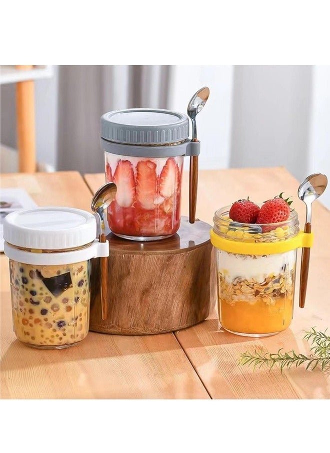 Generic - 350ml Glass Jar, Oats Container Oatmeal Cup Oatmeal Jar Meal Prep Jar with Lid and Spoon Yogurt Pot Portable Breakfast Cup with Measurement Marks for Milk, Cereal, Fruit (Pink) - Image 1