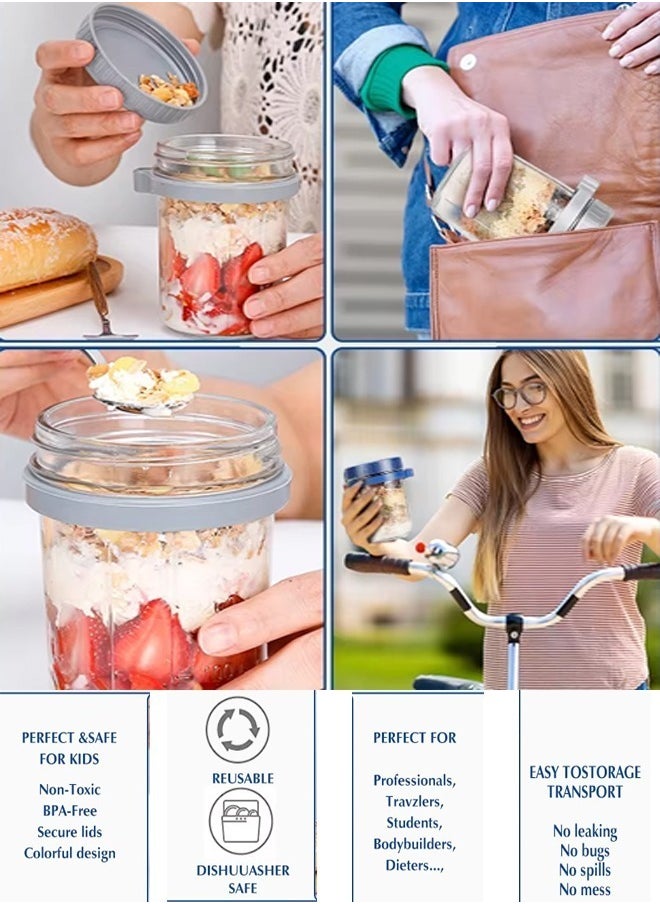 Generic - 350ml Glass Jar, Oats Container Oatmeal Cup Oatmeal Jar Meal Prep Jar with Lid and Spoon Yogurt Pot Portable Breakfast Cup with Measurement Marks for Milk, Cereal, Fruit (Pink) - Image 1