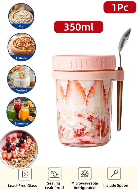 350ml Glass Jar, Oats Container Oatmeal Cup Oatmeal Jar Meal Prep Jar with Lid and Spoon Yogurt Pot Portable Breakfast Cup with Measurement Marks for Milk, Cereal, Fruit (Pink)