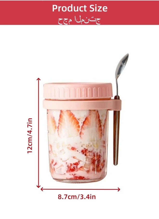 Generic - 350ml Glass Jar, Oats Container Oatmeal Cup Oatmeal Jar Meal Prep Jar with Lid and Spoon Yogurt Pot Portable Breakfast Cup with Measurement Marks for Milk, Cereal, Fruit (Pink) - Image 1