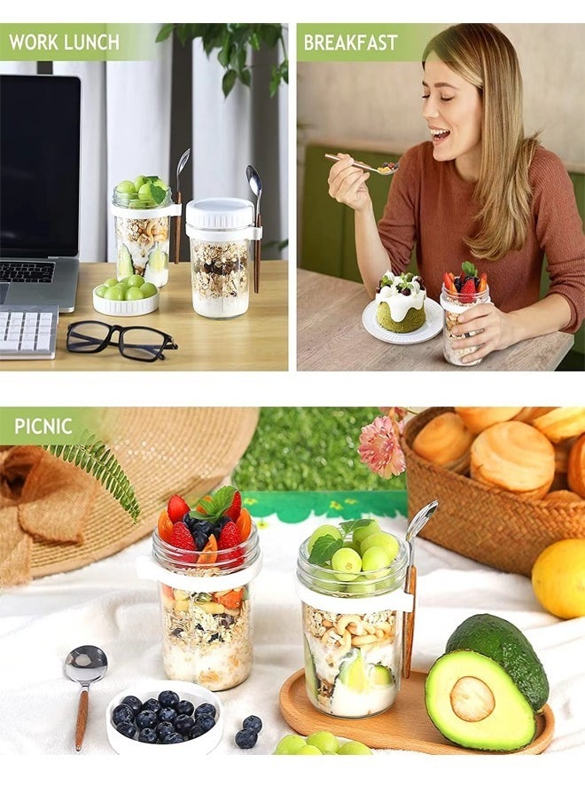 Generic - 350ml Glass Jar, Oats Container Oatmeal Cup Oatmeal Jar Meal Prep Jar with Lid and Spoon Yogurt Pot Portable Breakfast Cup with Measurement Marks for Milk, Cereal, Fruit (Pink) - Image 1