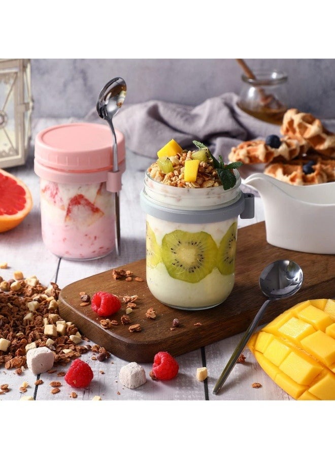 Generic - 350ml Glass Jar, Oats Container Oatmeal Cup Oatmeal Jar Meal Prep Jar with Lid and Spoon Yogurt Pot Portable Breakfast Cup with Measurement Marks for Milk, Cereal, Fruit (Pink) - Image 1
