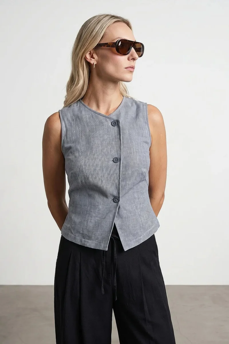 Dilvin Light Grey DILVIN Fitted Woven Waistcoat With Button Front for Women | Best Price UAE