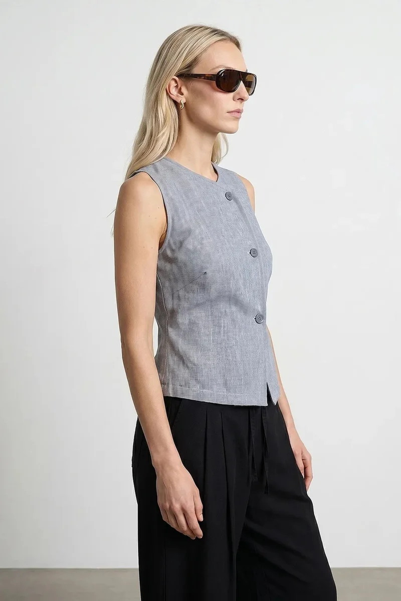 Dilvin Light Grey DILVIN Fitted Woven Waistcoat With Button Front for Women | Best Price UAE