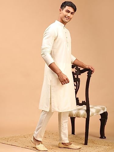 VASTRAMAY Men Viscose Kurta Pant Pyjama Set | Knee Length Mandarin Collar Kurta with Cream Pant Style Pyjama | Ethnic Wear (VASMK091CRnPANT002CR_36) - Image 3