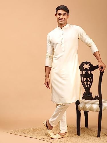 VASTRAMAY Men Viscose Kurta Pant Pyjama Set | Knee Length Mandarin Collar Kurta with Cream Pant Style Pyjama | Ethnic Wear (VASMK091CRnPANT002CR_36) - Image 2