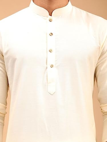 VASTRAMAY Men Viscose Kurta Pant Pyjama Set | Knee Length Mandarin Collar Kurta with Cream Pant Style Pyjama | Ethnic Wear (VASMK091CRnPANT002CR_36) - Image 5