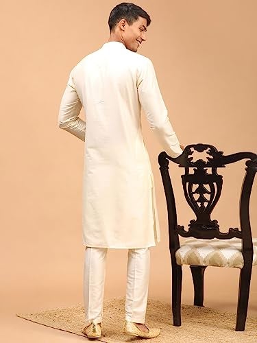VASTRAMAY Men Viscose Kurta Pant Pyjama Set | Knee Length Mandarin Collar Kurta with Cream Pant Style Pyjama | Ethnic Wear (VASMK091CRnPANT002CR_36) - Image 4
