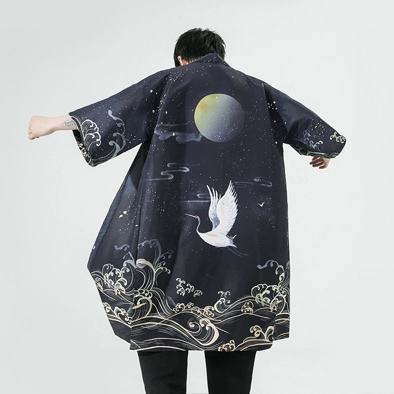 2023 Summer New Chinese Style Mens Trendy Printed Long Sleeve Hanfu Japanese Cardigan Manteau Casual Loose Fit k208 Black 
