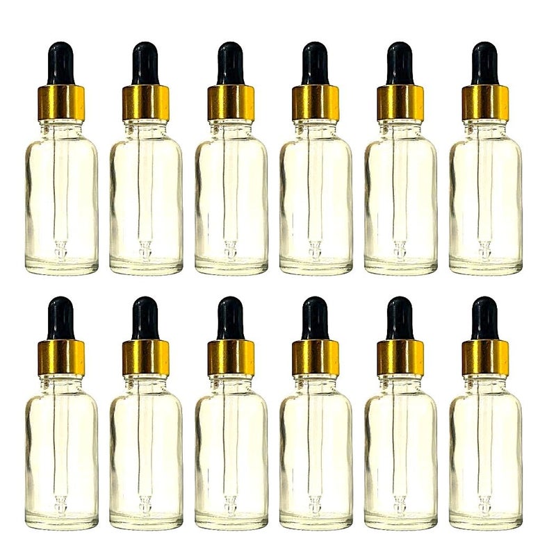 VOW 10 ML Transparent Round Empty Glass Bottle Glass Dropper Gold Ring Silicone Black Teat Refillable Reusable Leak Proof for Essential Oils PerfumesPack of 12 - Image 1