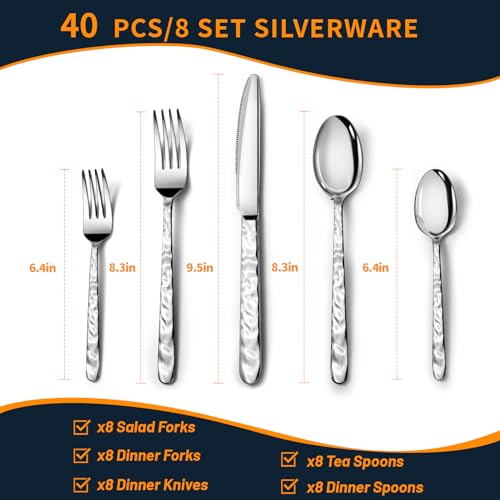 NICE KITCHEN Silverware Set, 40 Piece Premium Stainless Steel Flatware Set for 8, Heavy Duty Silverware Cutlery Sets with Wavy Patterns, Spoons and Forks Set, Mirror Polished, Dishwasher Safe - Image 2