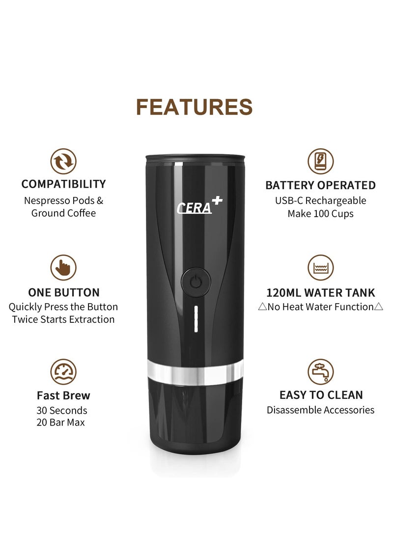 "Portable Electric Coffee Maker, Rechargeable Espresso Machine with 20 Bar Pressure, Compatible with NS Pods & Ground Coffee, Perfect for Travel, Camping, Office, Home - Black" - Image 4