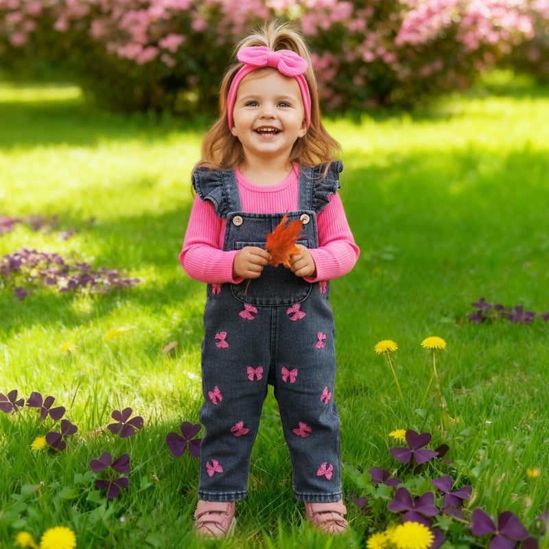 FOCICI 12-18 Month Girl Clothes Romper Infant Jeans Adjustable Suspender Overalls Cute Headband 3Pcs Fall Winter Outfits Set Rose Red - Image 2