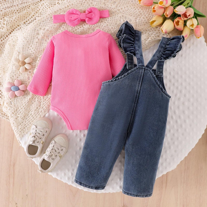 FOCICI 12-18 Month Girl Clothes Romper Infant Jeans Adjustable Suspender Overalls Cute Headband 3Pcs Fall Winter Outfits Set Rose Red - Image 4