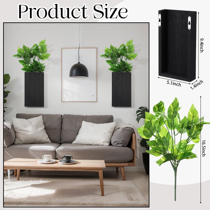 Vesici Wood Wall Planter Vase with Artificial Plants Indoor Plants Holder Pocket Farmhouse Wooden Wall Flower Vase Hanging Plant Decor for Bedroom Kitchen Office Home(2 Pcs,Green Plants) - Image 2